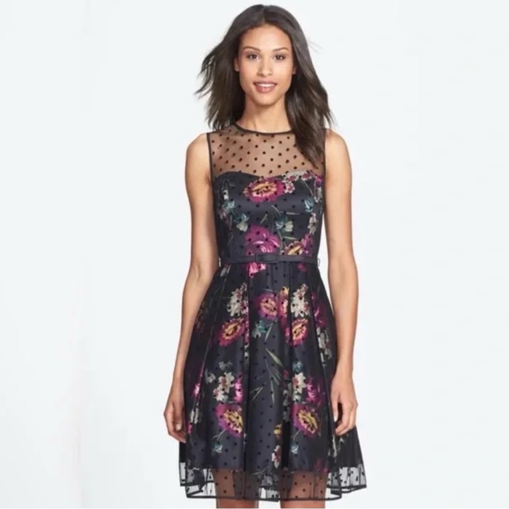 Eliza J Polka Dot Mesh & Print Charmeuse Fit & Flare Dress